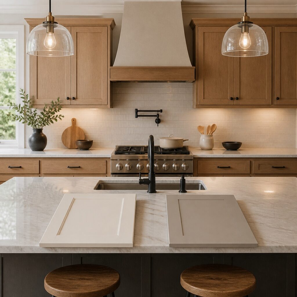 Cabinet door samples in a functional kitchen illustrating finish and door-style decisions
