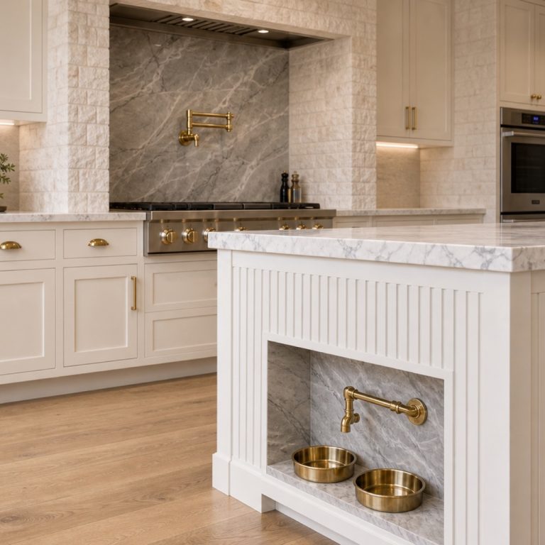 Built-in pet feeding station integrated into a warm white kitchen island with clear walking space