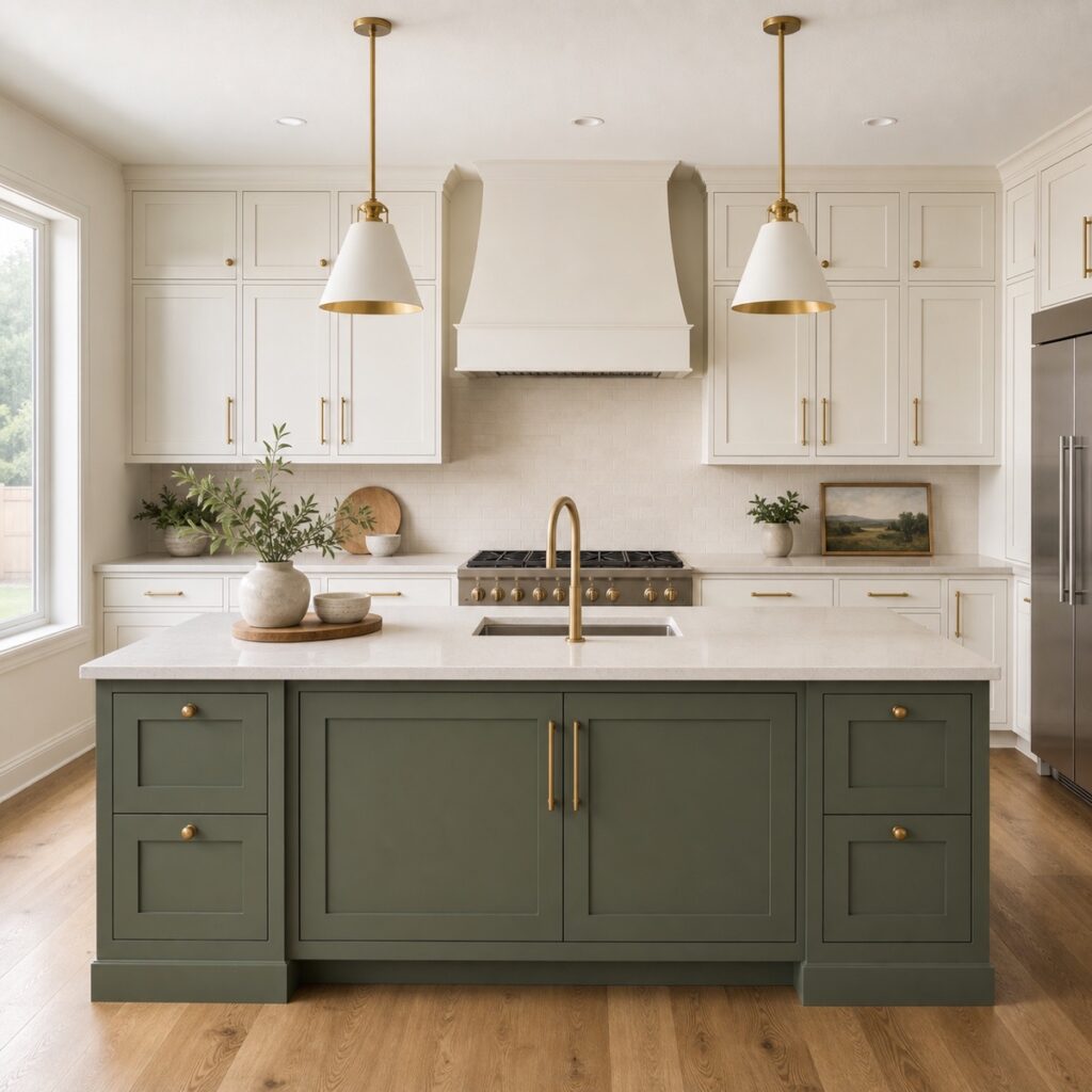 Two-tone kitchen with warm white perimeter cabinets and a muted green island