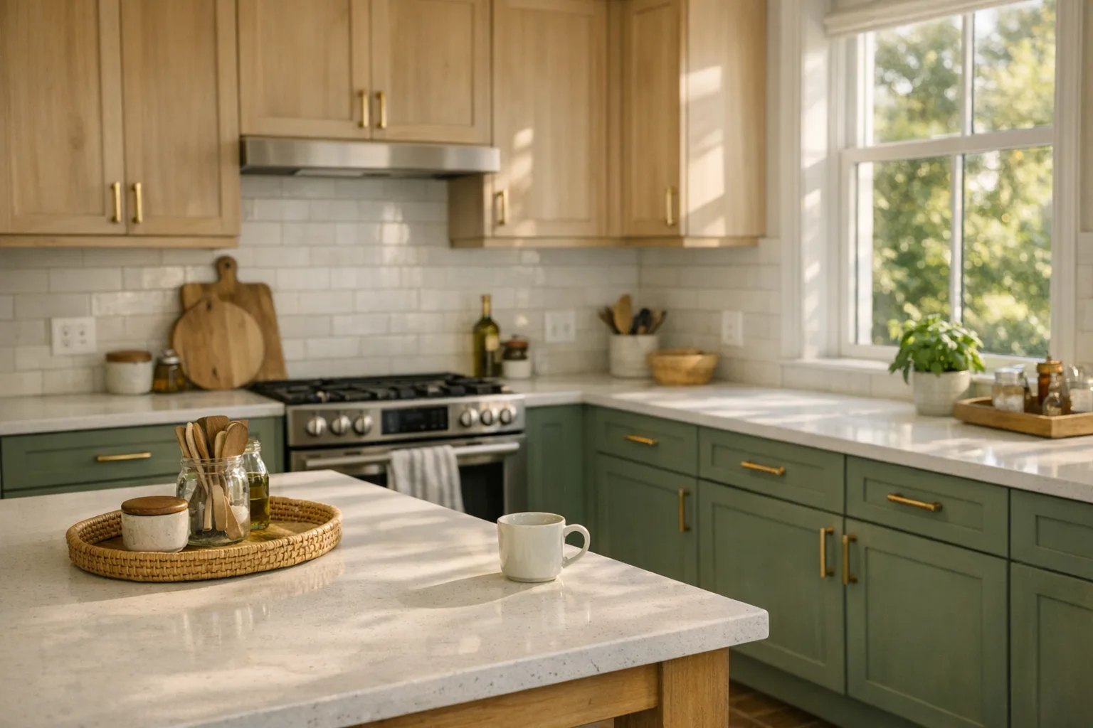 Houston kitchen with wood tone upper cabinets and sage green lower cabinets in 2026 trend style