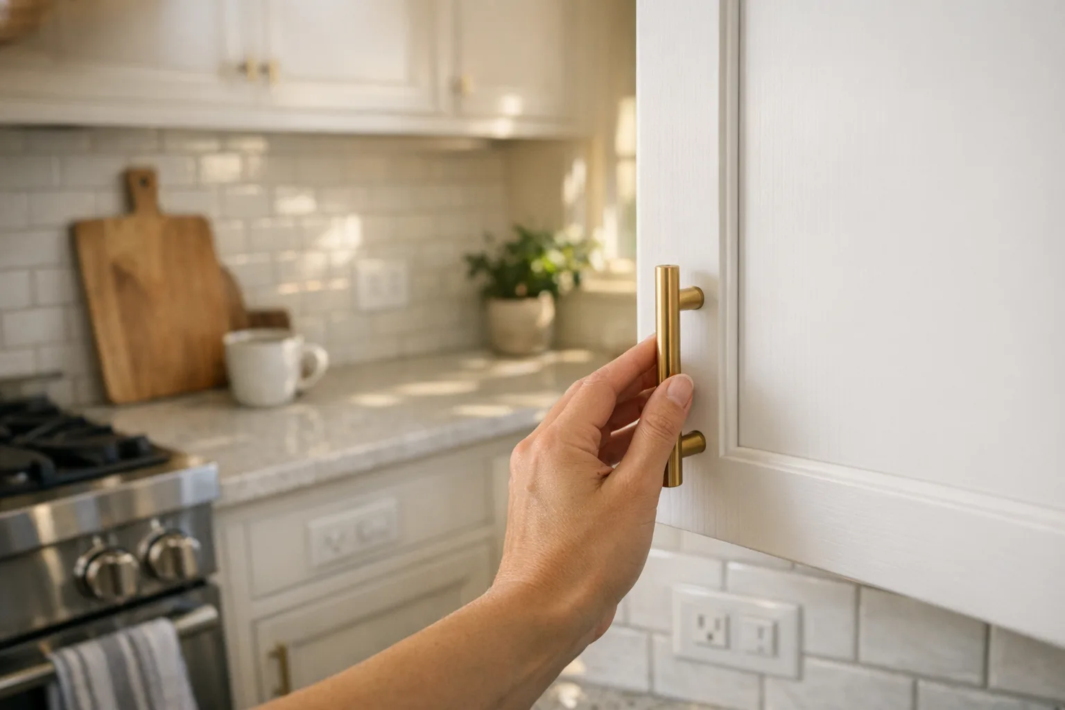 Soft-close kitchen cabinet with brushed brass bar pull in Houston home