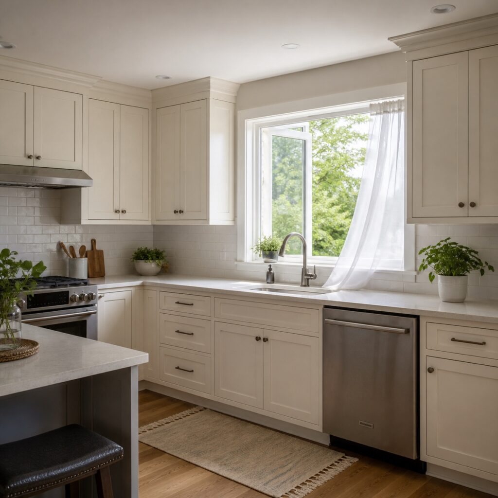 Warm white kitchen cabinets beside an open window supporting a guide to cabinet painting odor and ventilation