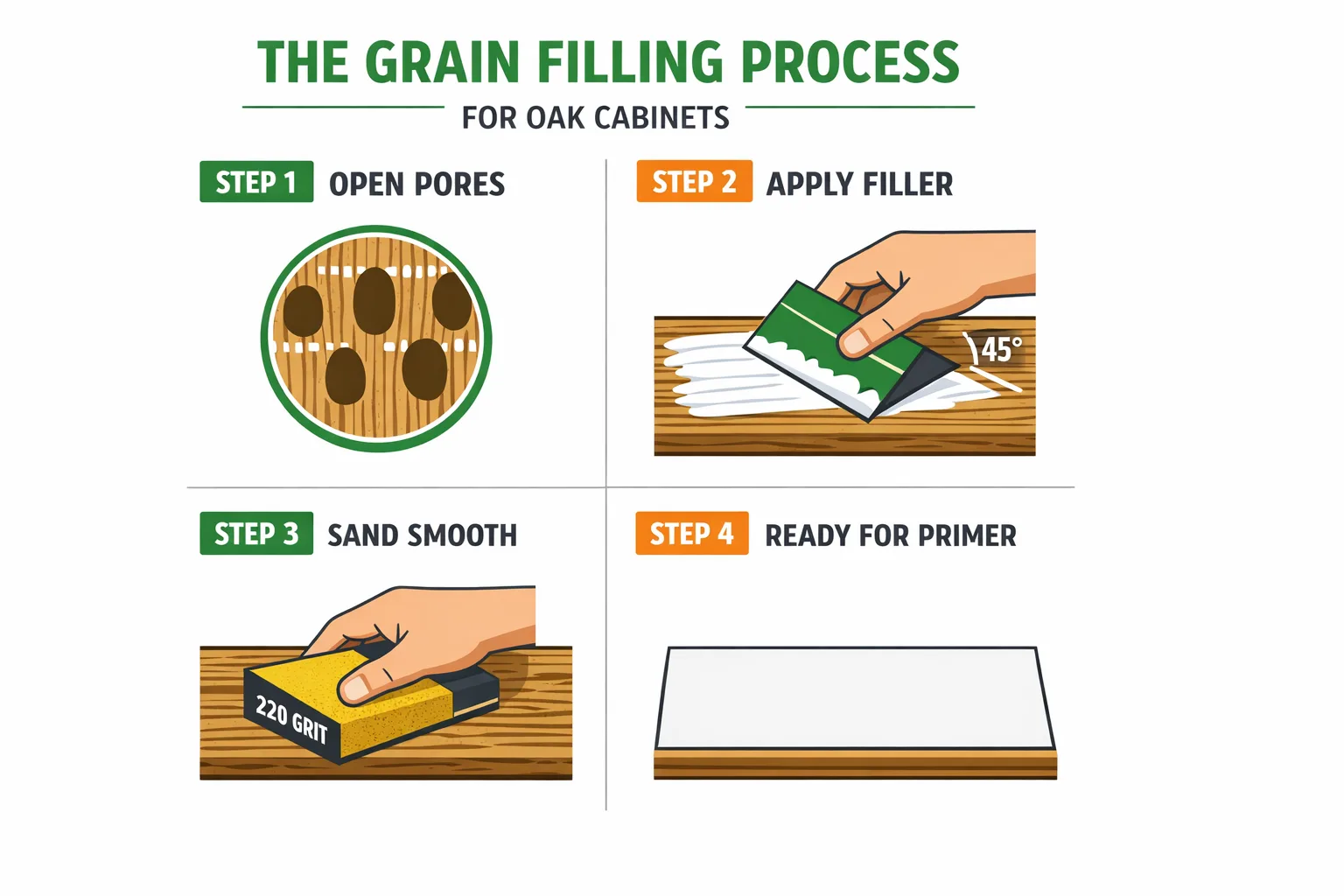 Step-by-step infographic showing how to apply grain filler to oak cabinet doors using the 45-degree angle technique