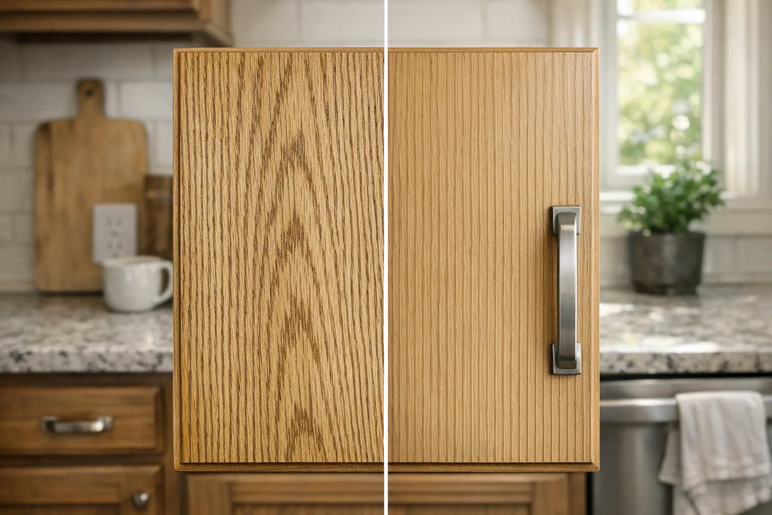 Oak cabinet door showing open grain pores before and after grain filler application