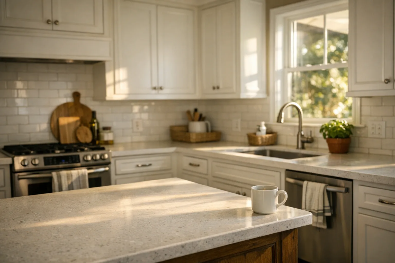 Freshly painted white kitchen cabinets with quartz countertops in a Houston suburban home