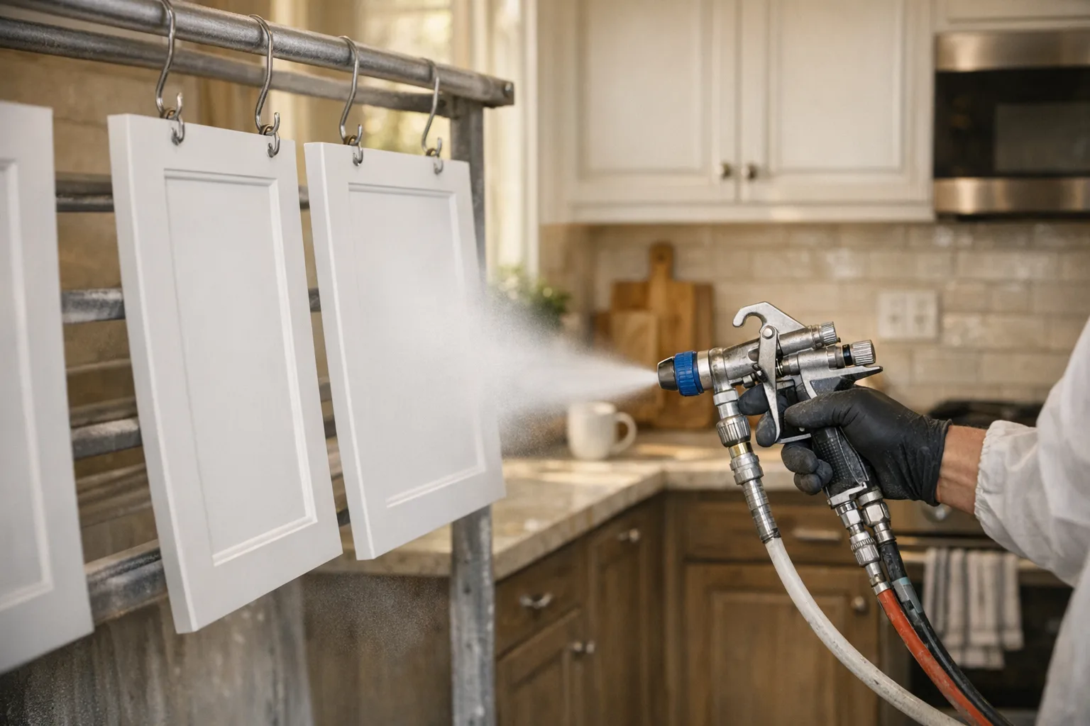 Professional spray technician applying industrial cabinet paint coating in a dust-free spray facility