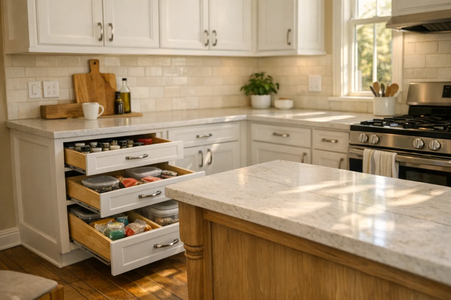 Houston kitchen with white painted cabinets, D-pull hardware, and open pullout shelves showing accessible storage at waist height