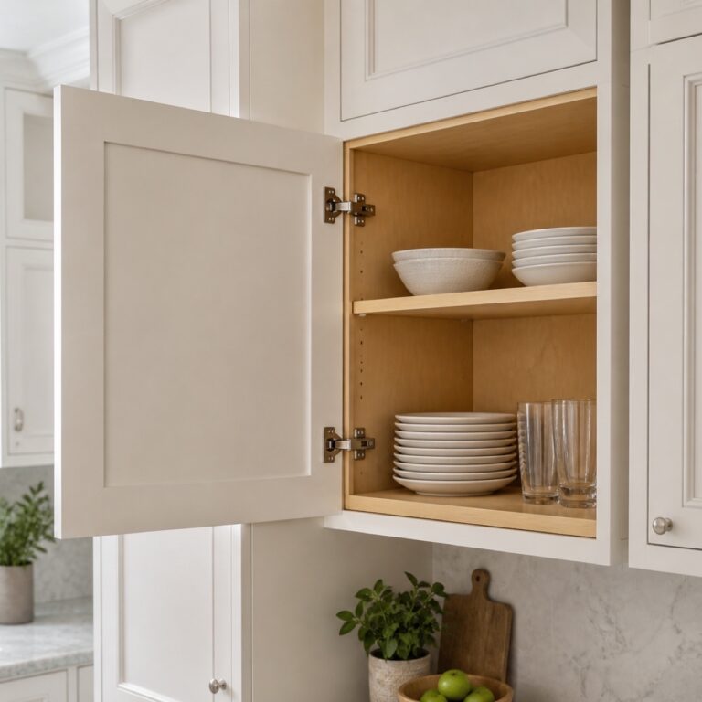 Open warm-white kitchen cabinet showing a clean natural wood interior and shelves.
