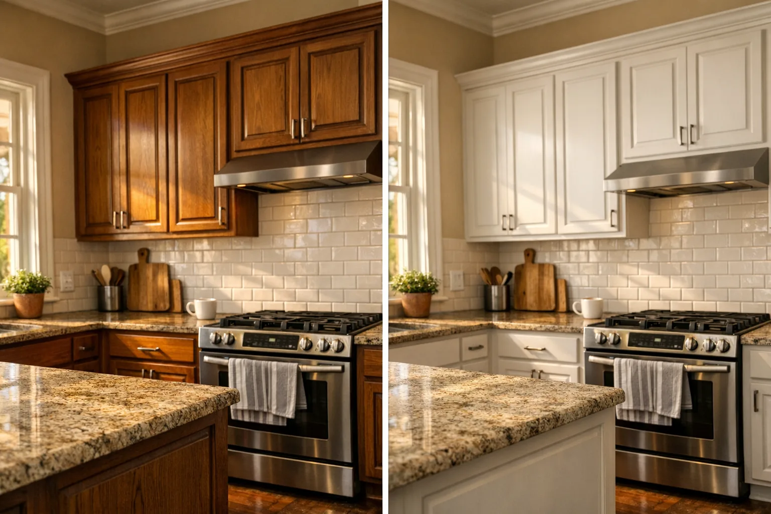 Kitchen cabinets converted from dark stained oak to painted white finish in Houston home