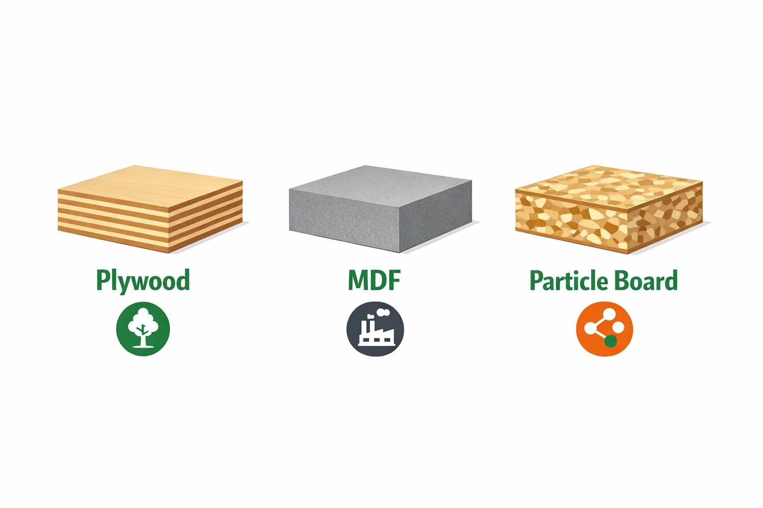 Cross-section diagram comparing plywood, MDF, and particleboard cabinet box materials side by side