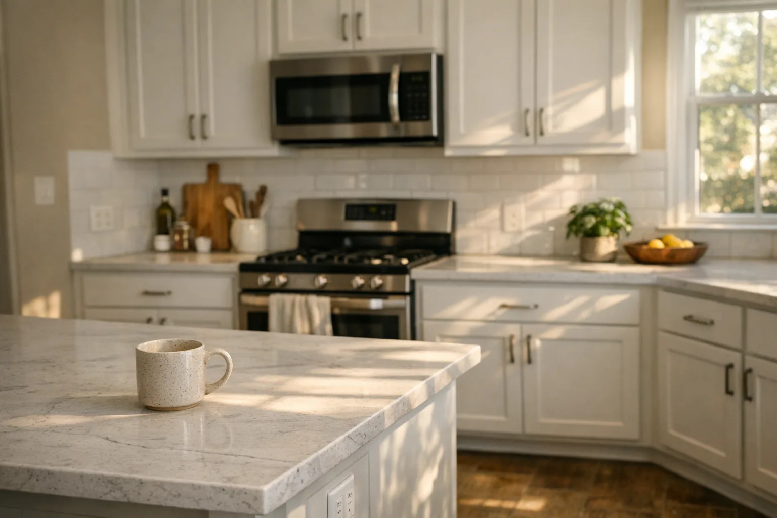 Freshly painted builder-grade kitchen cabinets in Houston home with white shaker doors and brushed nickel hardware