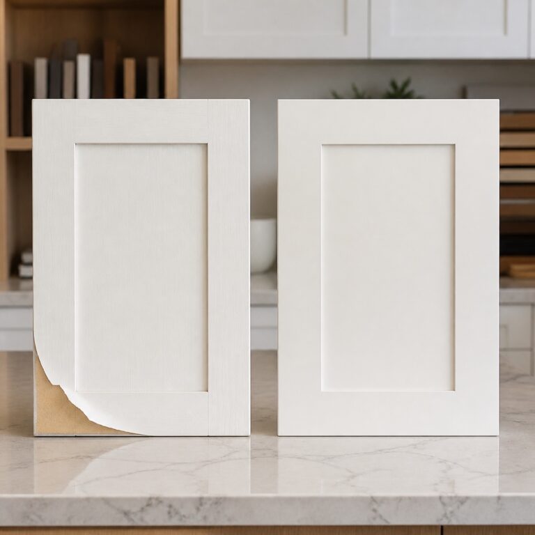 Two white cabinet door samples comparing peeling thermofoil with a sound replacement door