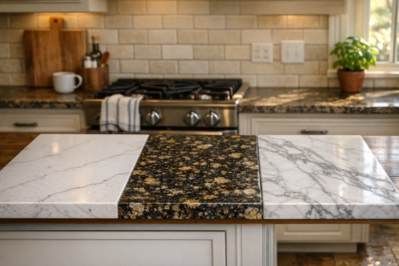 Quartz vs granite vs marble countertop slabs compared at Houston stone yard — 2026