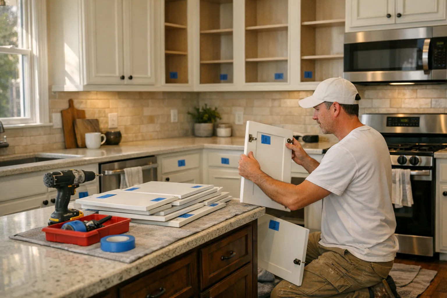 Professional cabinet painter labeling and removing cabinet doors on day one of a kitchen cabinet painting project in Houston TX