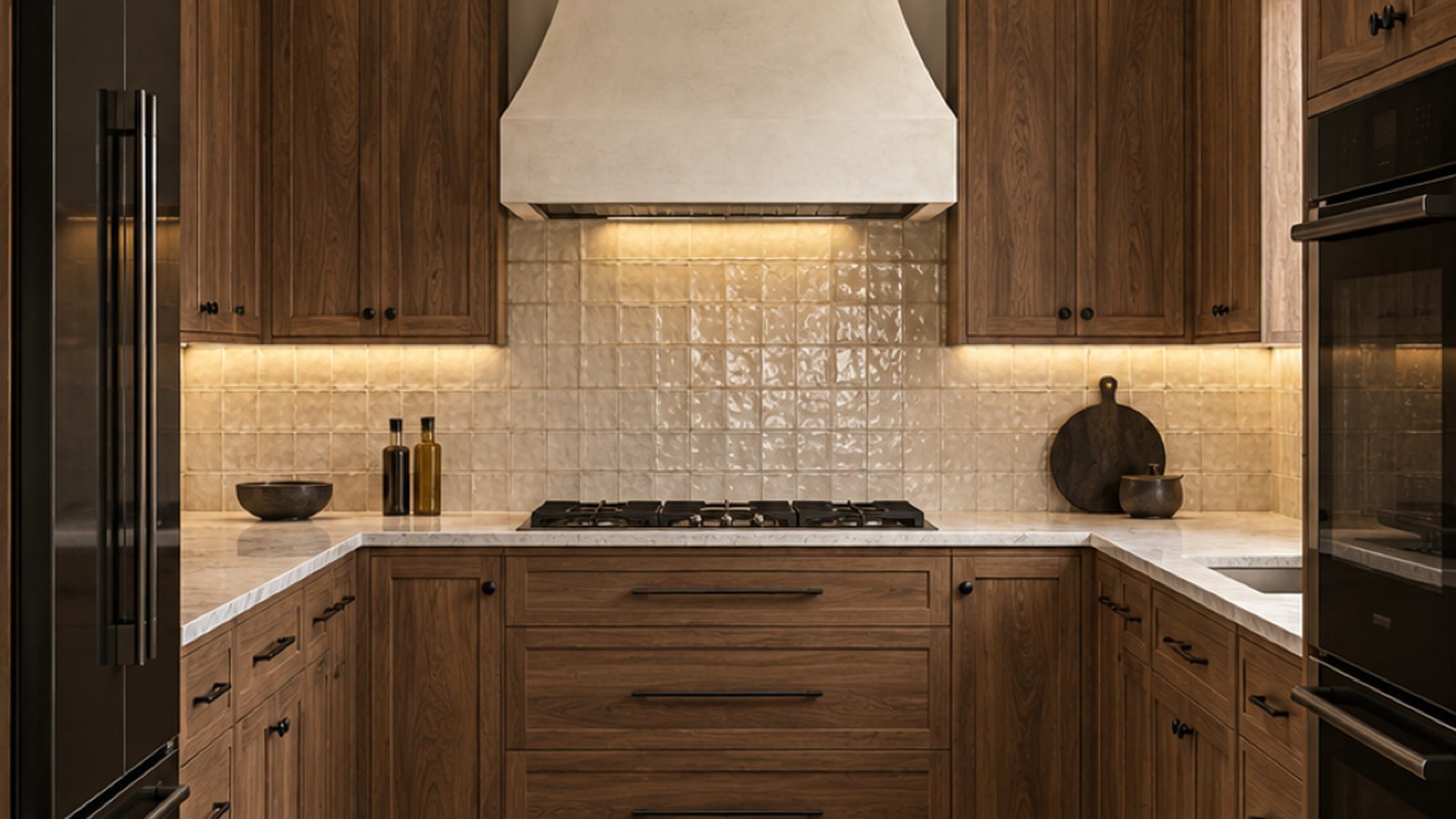 Warm walnut kitchen with light stone counters and a plaster range hood — ColorUp Stay & Upgrade planning visual